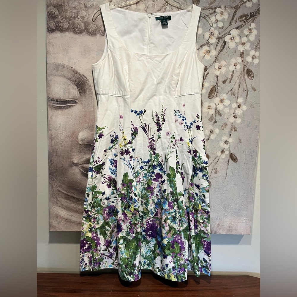 Ralph Lauren White and Purple Sleeveless A-Line Midi Dress